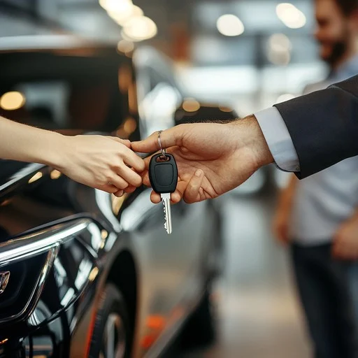 Close-up of a dealer handing car keys to a new buyer inside a used-car showroom